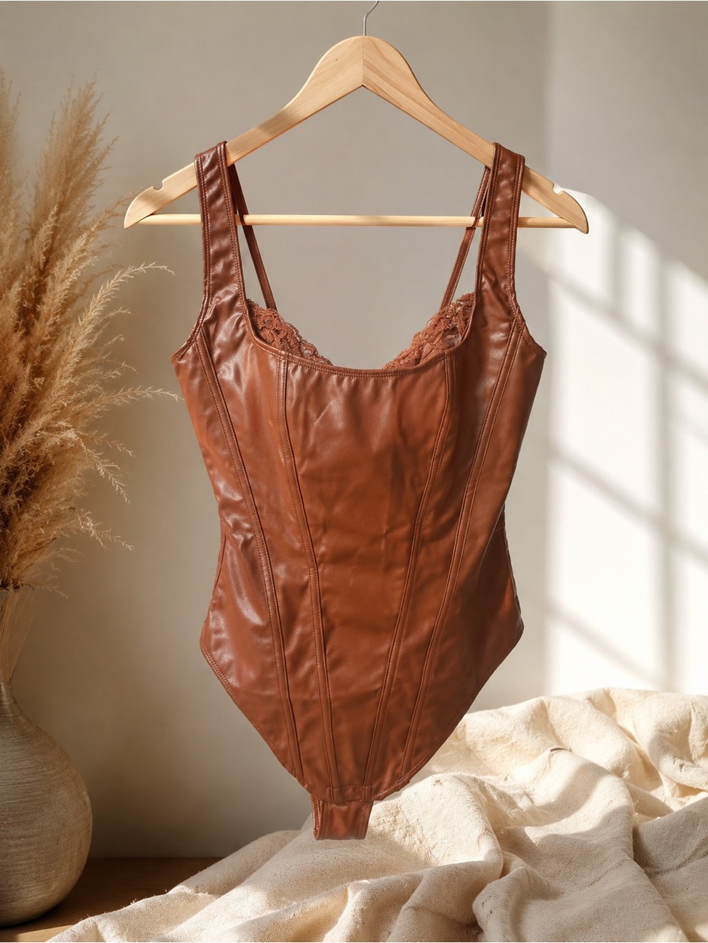 Women’s Faux Leather Brown Bodysuit with Lace Trim, never worn